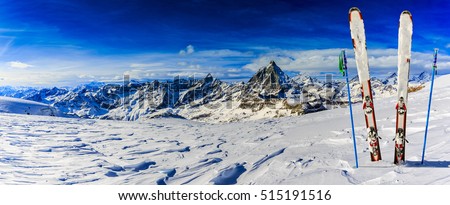Ski Equipment with panoramic view of Matterhorn on a clear sunny winter day, Zermatt, Switzerland