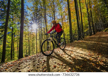 Cycling, mountain bikeing woman on cycle trail in autumn forest. Mountain biking in autumn landscape forest. Woman cycling MTB flow uphill trail.
