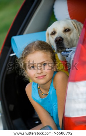 Vacation, Travel - kid with dog ready for the travel for summer vacation