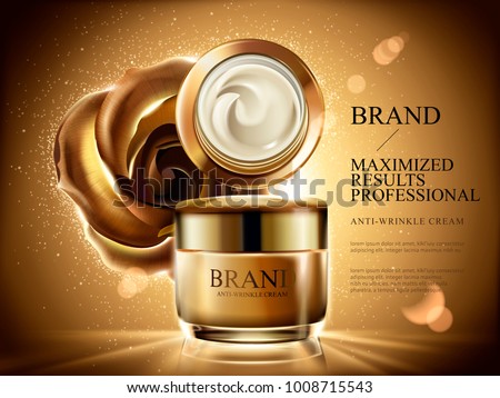 Anti-wrinkle cream ads, cosmetic cream jar mockup with burst light, glitters and golden rose and background in 3d illustration