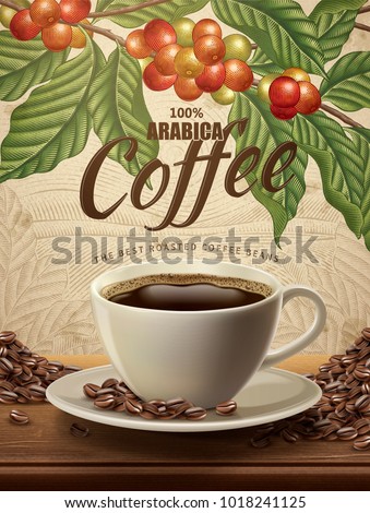 Arabica coffee ads, realistic black coffee and beans in 3d illustration with retro coffee plants and field scenery in etching shading style
