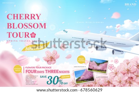Cherry blossom tour ad, spring travel guide for travel agency or blog with flying flowers and aircraft in 3d illustration