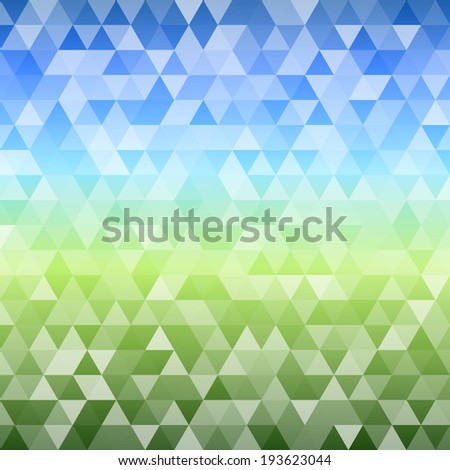 Gorgeous graphic image with abstract triangle landscape panorama for design presentation template, advertising booklet. Modern geometric blue green background. Theme of summer, travel, wellness