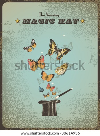 magic poster with hat wand and butterflies magic poster with hat wand and butterflies