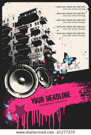 stock vector : retro urban party flyer template with building, speakers and grungy textbox