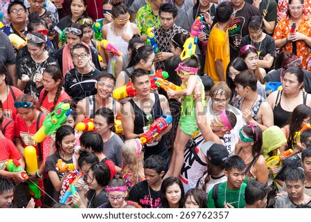 Bangkok April 13:Songkran Festival in Silom, Bangkok, A popular place to celebrate Thai New Year for thais and foreigners on Silom Bangkok April 13, 2015 in Thailand