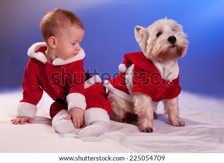 Funny small baby in Santa Claus and dog in Santa Claus costume