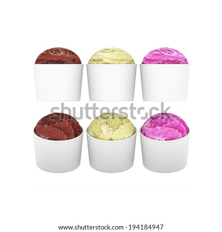 White  blank ice cream cup with clipping path, Plastic package mock up with  strawberry flavor, vanilla and chocolate  Ice Cream