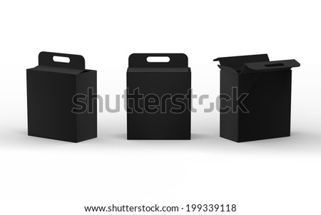 Black cardboard paper box packaging with handle, clipping path included. Mock up packaging for all kind of product, ready for your design