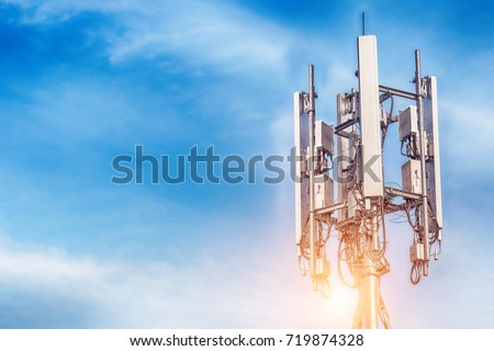 Technology on the top of the telecommunication GSM (5G,4G,3G) tower with copy space.Cellular phone antennas on a building roof.Telecommunication mast television antennas.