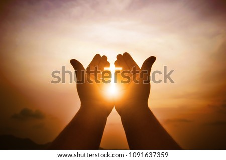 Christian man with open hands worship christian. Eucharist Therapy Bless God Helping Repent Catholic Easter Lent Mind Pray. Christian concept background.