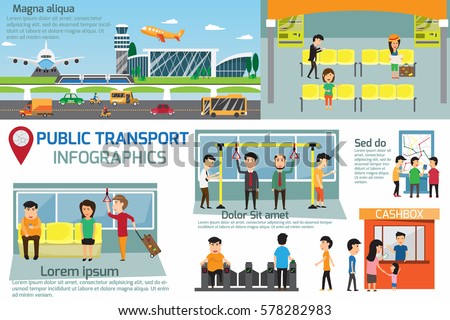 Public transport infographics. Detail of public transportation with commuters or passengers activities in subway and terminal. vector illustration