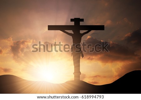 Conceptual wood cross or religion symbol shape over a sunset sky with clouds background for God, belief or resurrection. Worship, Christ, Christianity, religious, faith, holy, spirit, Jesus