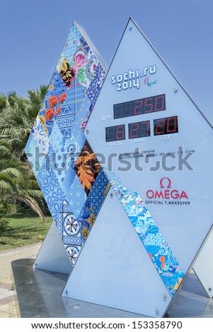 Sochi, Russia - June 30: Olympic Countdown Clock Time Before The Xxii Olympic And Xi Paralympic Winter Games Of 2014 In Sochi, Russia, June 30, 2013 In Sochi,Russia