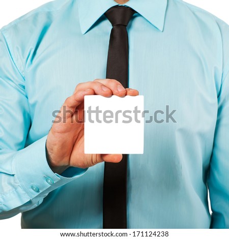 Man's hand showing business card - closeup shot on white background