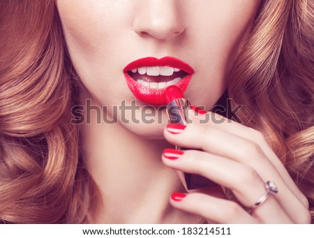 vogue style portrait of beautiful delicate woman red lipstick