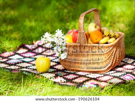 Healthy Organic fruits in the Basket. Spring. Picnic.