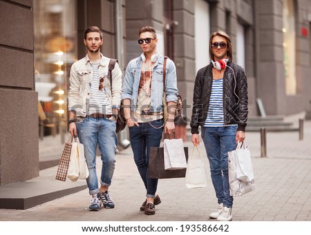 Three Young male fashion metraseksualy shop shopping walk