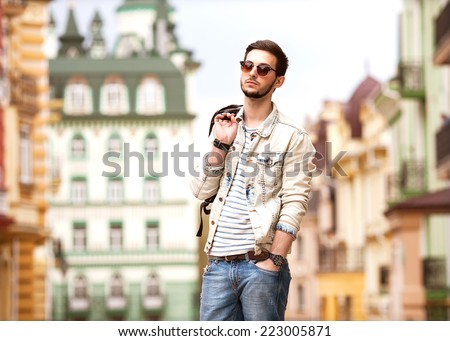 Fashion man with casual clothes walk in Europe