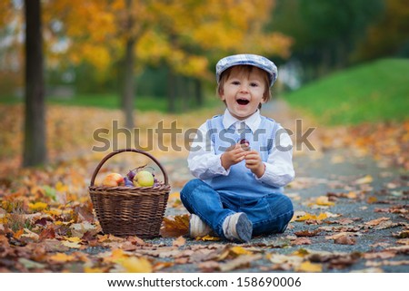 Boy in a park with leaves and basket of fruits