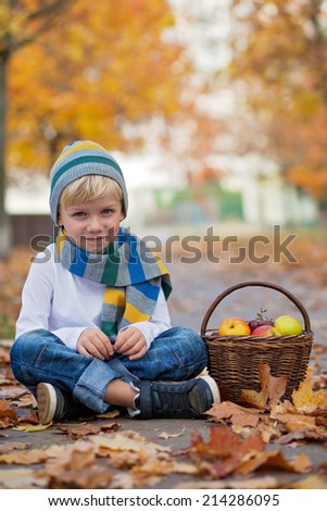 Cute little boy with basket of fruits in the park