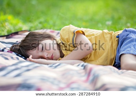 Cute little boy, sleeping on a picnic blanket, outdoors in a summer afternoon