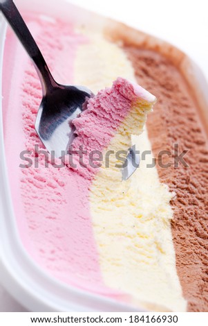 A box of strawberry, vanilla and chocolate ice cream