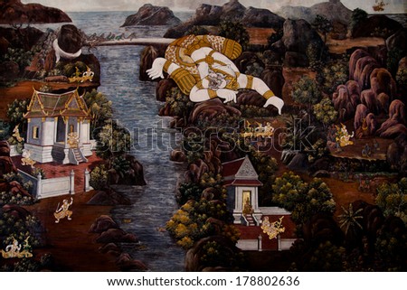 BANGKOK, THAILAND - JANUARY 31, 2014: Vintahe old Scene Paint on a Temple wall at Grand Palace on Bangkok, Thailand