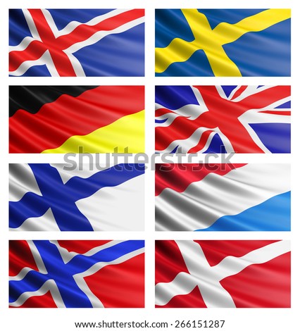 Collection of European flags. Swedish flag, Norwegian flag, Finnish flag, Iceland flag, Danish flag, German flag, Luxembourg flag, English flag,
