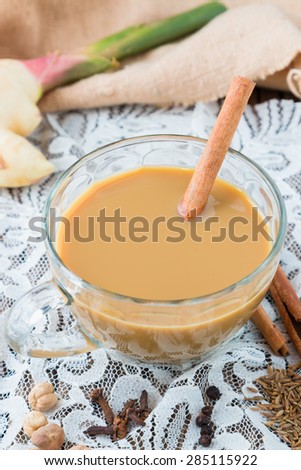 masala chai with spices. Cinnamon Stick, Thai Cardamom, Ginger, Clove, Star Anise, Black Peppercorns, Fennel Seeds, Black Tea