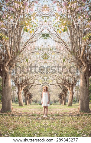 art portrait of beautiful woman with mirror effect nature