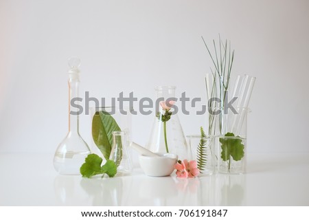 laboratory experiment and research with leaf, oil and ingredient  extract for natural beauty and organic skincare product the blank bottle for label ,bio science concept. alternative medicine. spa.