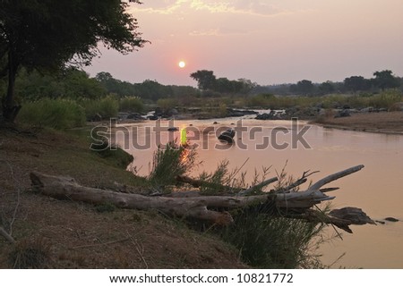 Sunset over the Olifants river, Balule Nature reserve, South Africa. The setting sun is reflected off the water, silhouetting a dry log in the foreground