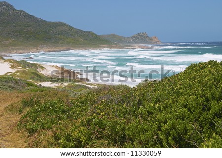 The Cape of Good hope is framed by the sea breaking onto a vegetation covered beach in the foreground.