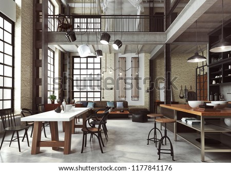 Loft modern interior designed as a open plan modern apartment. Open plan including kitchen, dining room, living room, home office and bedroom on the mezzanine. 3D illustration.