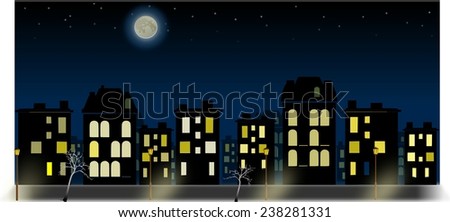 Simple night city panorama with nightsky and moon