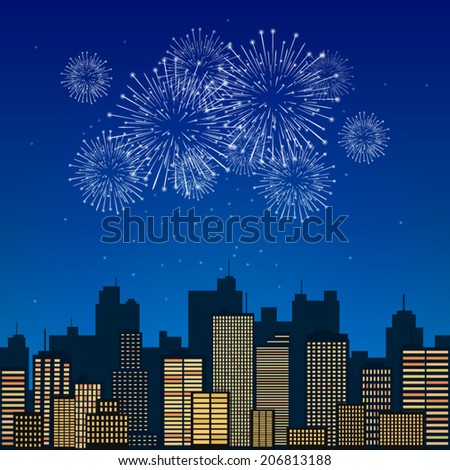 silhouette downtown city landscape at night and blue sky with firework background(vector)