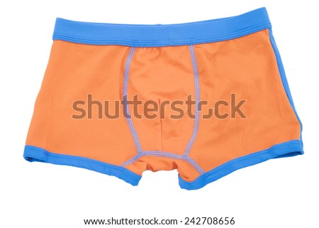 Children's orange swimming shorts isolated on white background.