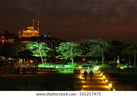 Egypt, Cairo, Mohammad Ali mosque and Al-Azhar-Park at night.