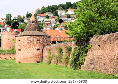 Buedingen Wetteraukreis in Hessen Germany. Bulwark with towers on the west side of the town. View of a part of the old city wall.