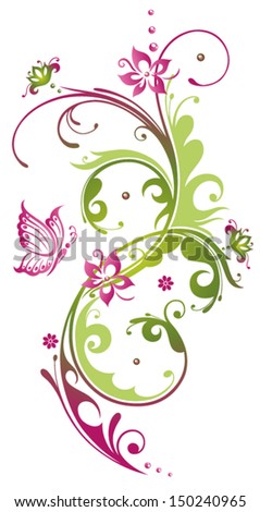 Filigree Colorful flowers, purple, violet with butterfly