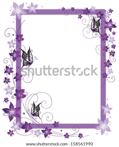 Colorful vector frame with purple flowers and butterflies
