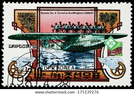 DPR Korea - Circa 1981: postage stamp shows hydroplane Do X, circa 1981