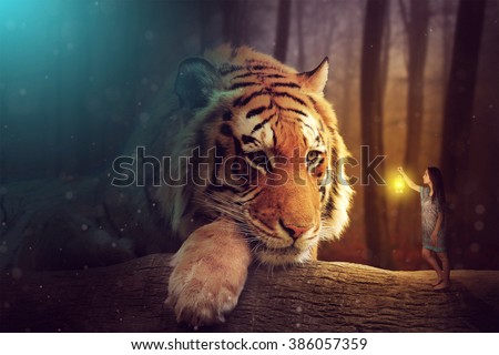 A fantasy world - a woman and a giant tiger