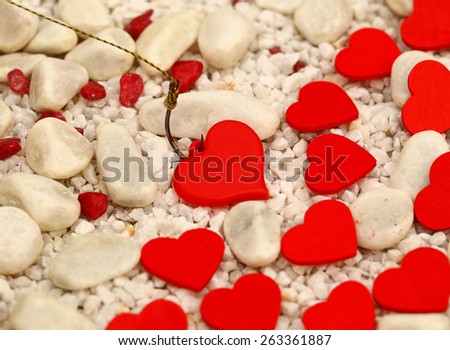 One large red decorative plastic heart on the black fishing hook and twelve small hearts  on the background of white and red, big and small stones, close up