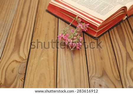 Field pink flower on the background of old open  book and an old rustic wooden brown \
table background, text space, shallow dof