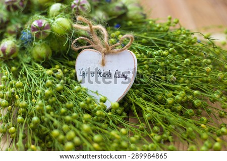 Life is Worth Living - text on a decorative white wooden heart on nigella and green flax twig  with  seeds background