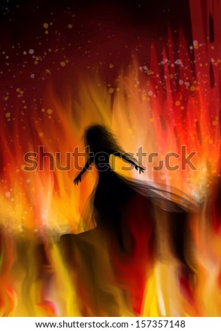 Silhouette of a woman wearing sheer dress surrounded by flames and a burning house, conjuring images melodramatic romances.