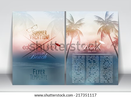 Summer Vacation Flyer Design with Palm Trees and Paradise Island Vector Illustration Summer Vacation Flyer Design with Palm Trees and Paradise Island Vector Illustration
