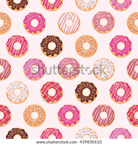 Seamless pattern with glazed donuts. Pink colors. Girly.